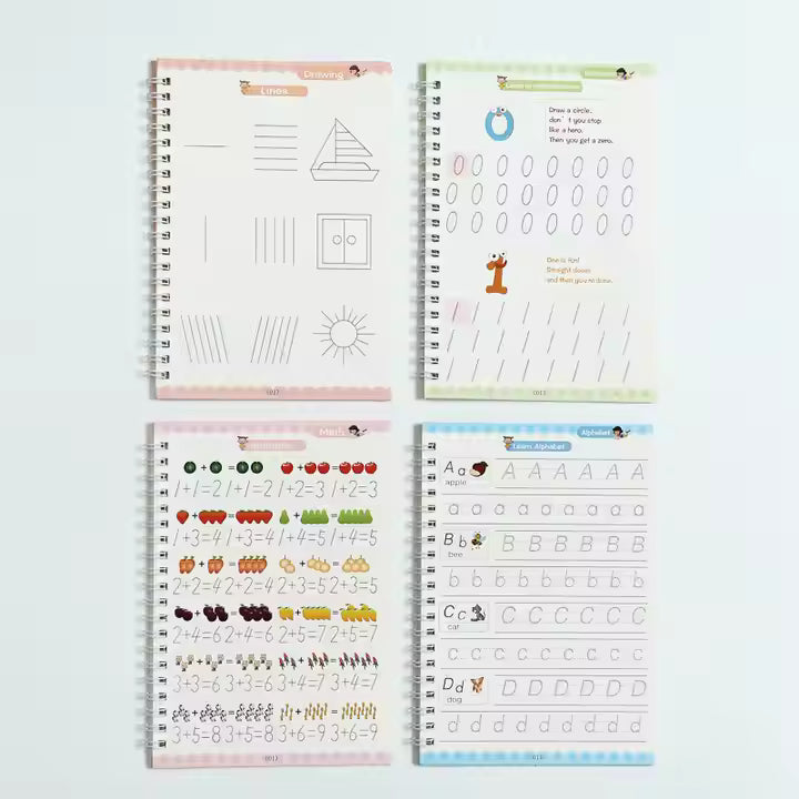 Sank Magic Practice Copybook (4 Books + Magic Pen & 10 Ink Refills) Sank Magic Book for Montessori Children Tracing Handwriting First Preschool Baby Learning Books for Kids